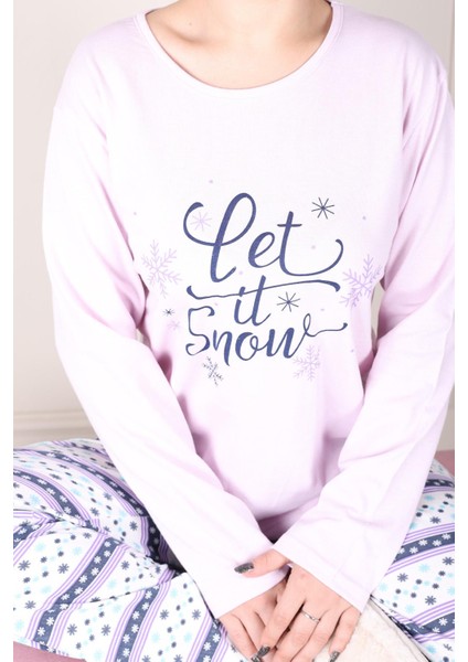 Kar Tanesi Desenli Uzun Kollu Pijama Takımı Lila modelleri