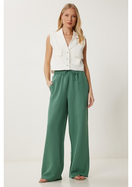 Geniş Paça Keten Pantolon LDP0071 Koyu Yeşil