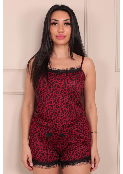 Leopar Desenli Ip Askılı Şortlu Pegasus Pijama Takımıı Bordo fırsatları