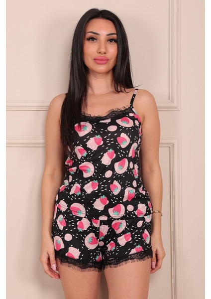 Çilek Desenli Ip Askılı Şortlu Pegasus Pijama Takımı Siyah modelleri