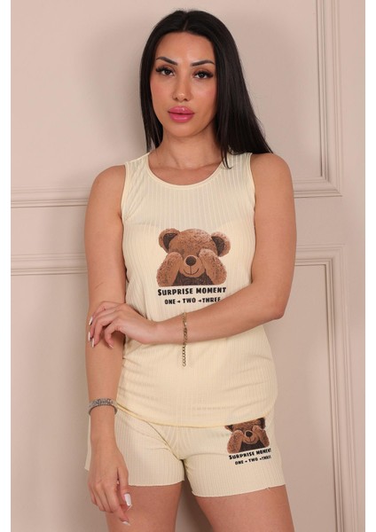 Kadın Ayıcık Baskılı Kalın Askılı Şortlu Viskon Pijama Takımı modelleri