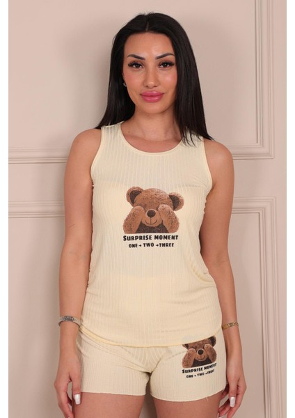 Kadın Ayıcık Baskılı Kalın Askılı Şortlu Viskon Pijama Takımı fırsatları