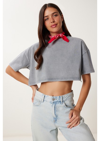 Soluk Efektli Pamuklu Crop Örme T-Shirt LBF0019 Füme