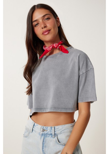 Soluk Efektli Pamuklu Crop Örme T-Shirt LBF0019 Füme fiyatları