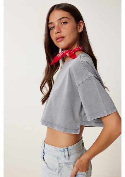 Soluk Efektli Pamuklu Crop Örme T-Shirt LBF0019 Füme modelleri