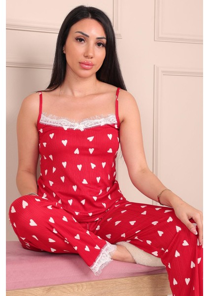 Kadın Beyaz Kalp Desenli Ip Askılı Altı Uzun Pegasus Pijama Takımı Kırmızı fiyatları