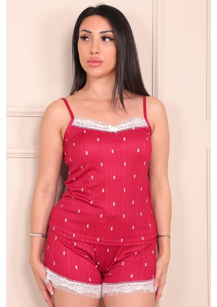 Kadın Iki Nokta Desenli Ip Askılı Şortlu Pegasus Pijama Takımı Kırmızı