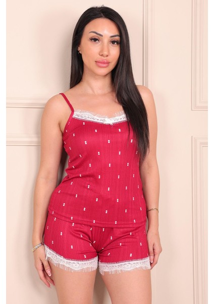 Kadın Iki Nokta Desenli Ip Askılı Şortlu Pegasus Pijama Takımı Kırmızı fiyatları