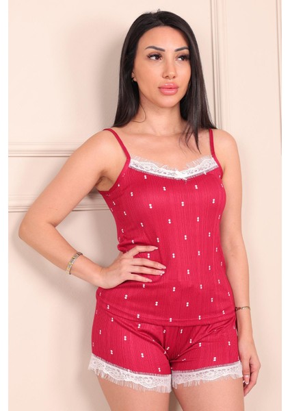 Kadın Iki Nokta Desenli Ip Askılı Şortlu Pegasus Pijama Takımı Kırmızı fırsatları