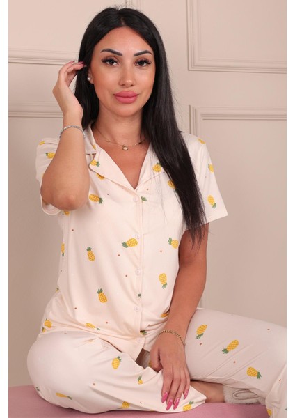 Kadın Maskülen Yaka Ananas Desenli Altı Uzun Milan Kumaş Pijama Takımı Ekru