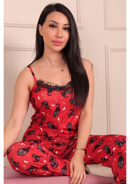 Kadın Kedi Desenli Ip Askılı Altı Uzun Milan Pijama Takımı Kırmızı