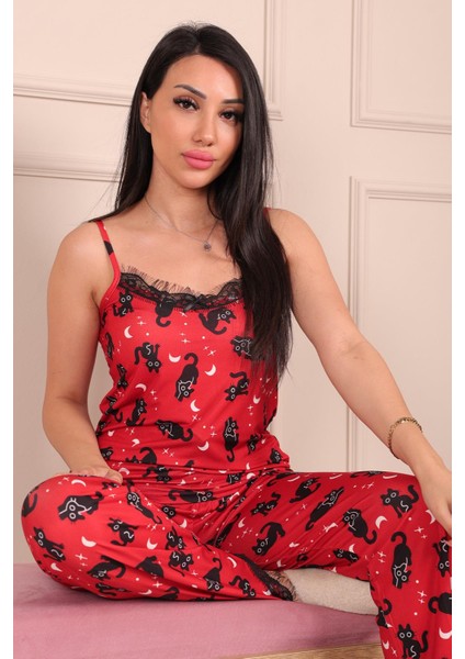 Kadın Kedi Desenli Ip Askılı Altı Uzun Milan Pijama Takımı Kırmızı fiyatları