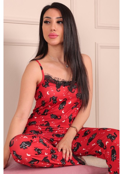 Kadın Kedi Desenli Ip Askılı Altı Uzun Milan Pijama Takımı Kırmızı modelleri