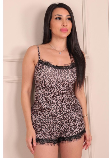 Kadın Ip Askılı Şortlu Leopar Desenli Milan Kumaş Pijama Takımı Leopar fırsatları