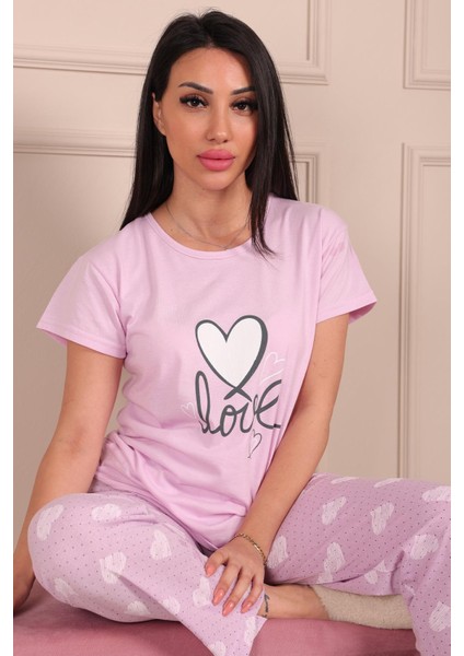 Kadın Love Sloganlı ve Baskılı Bisiklet Yaka Kısa Kol Altı Uzun Penye Pijama Takımı