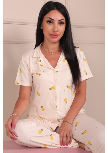 Kadın Maskülen Yaka Ananas Desenli Altı Uzun Milan Kumaş Pijama Takımı Ekru fiyatları