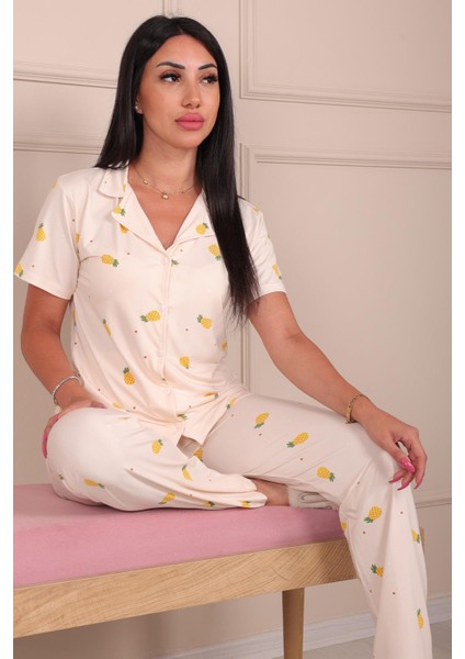 Kadın Maskülen Yaka Ananas Desenli Altı Uzun Milan Kumaş Pijama Takımı Ekru modelleri