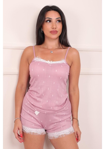 Kadın Iki Nokta Desenli Ip Askılı Şortlu Pegasus Pijama Takımı Pudra