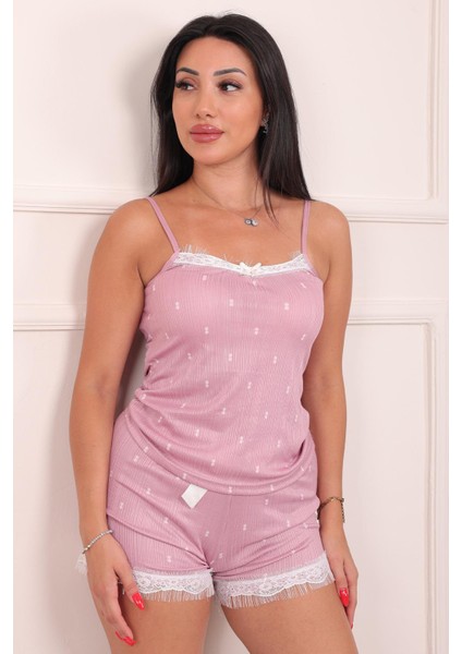 Kadın Iki Nokta Desenli Ip Askılı Şortlu Pegasus Pijama Takımı Pudra modelleri