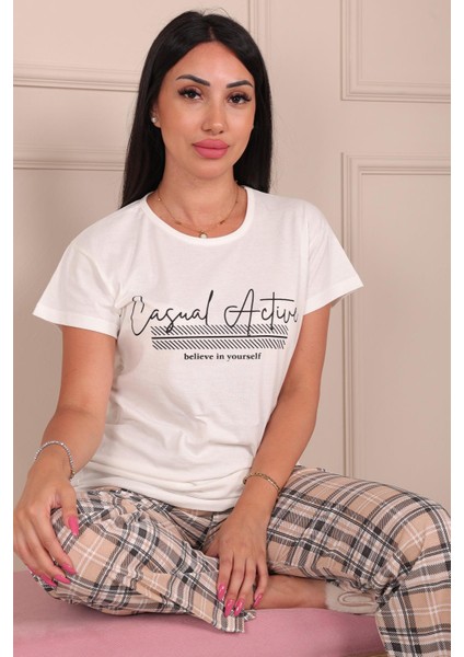 Kadın Casual Active Sloganlı Altı Ekose Desenli Kısa Kol Alt Uzun Pijama Takımı