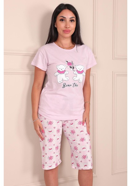 Kadın Ayıcık Desenli Bisiklet Yaka Kısa Kollu Altı Kapri Penye Pijama Takımı