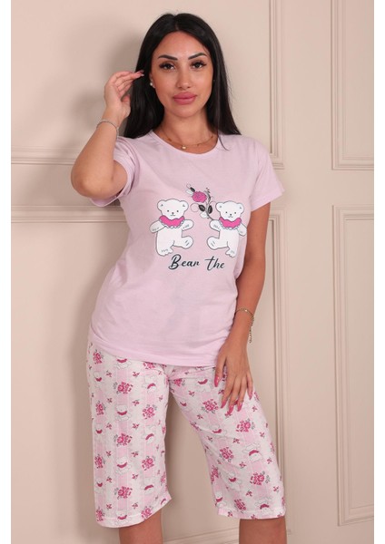 Kadın Ayıcık Desenli Bisiklet Yaka Kısa Kollu Altı Kapri Penye Pijama Takımı fiyatları