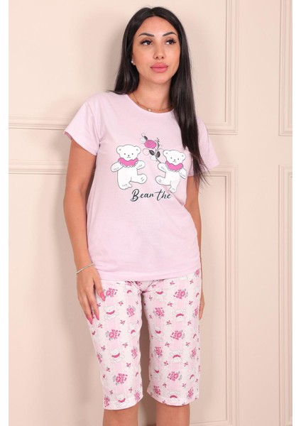 Kadın Ayıcık Desenli Bisiklet Yaka Kısa Kollu Altı Kapri Penye Pijama Takımı modelleri