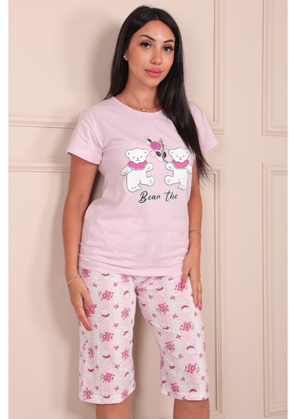 Kadın Ayıcık Desenli Bisiklet Yaka Kısa Kollu Altı Kapri Penye Pijama Takımı fırsatları