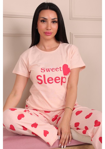Kadın Sweet Sleep Sloganlı Bisiklet Yaka Kısa Kol Altı Uzun Penye Pijama Takımı modelleri
