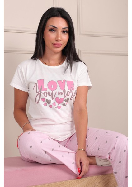 Kadın Love Sloganlı Bisiklet Yaka Kısa Kol Altı Uzun Penye Pijama Takımı fiyatları