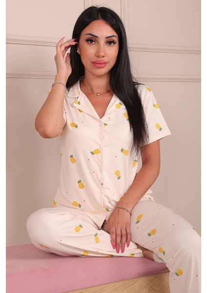 Kadın Maskülen Yaka Ananas Desenli Altı Uzun Milan Kumaş Pijama Takımı Ekru fırsatları