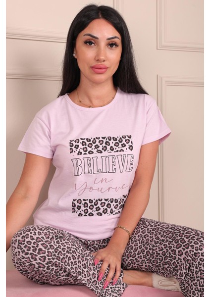 Kadın Believe Sloganlıleopar Desenli Kısa Kol Altı Uzun Penye Pijama Takımı Lila