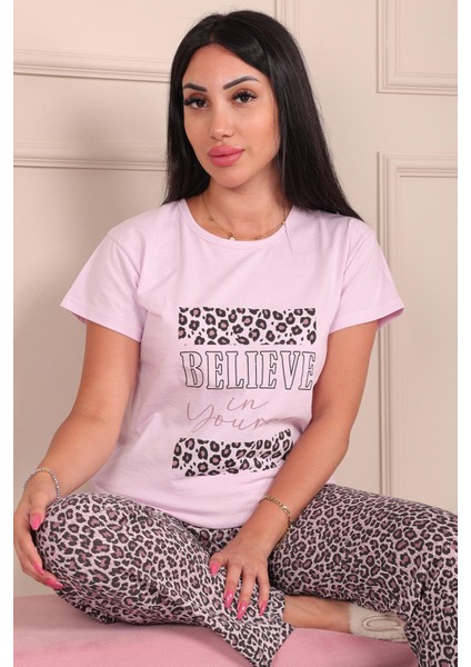 Kadın Believe Sloganlıleopar Desenli Kısa Kol Altı Uzun Penye Pijama Takımı Lila fiyatları