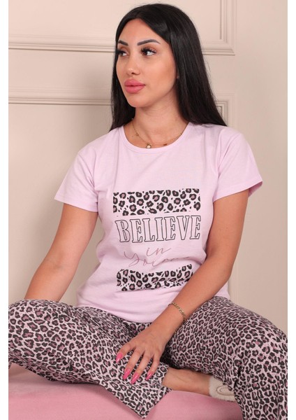 Kadın Believe Sloganlıleopar Desenli Kısa Kol Altı Uzun Penye Pijama Takımı Lila modelleri