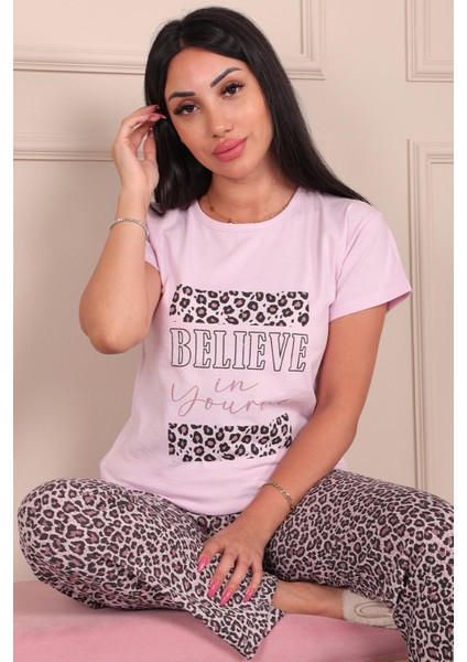 Kadın Believe Sloganlıleopar Desenli Kısa Kol Altı Uzun Penye Pijama Takımı Lila fırsatları