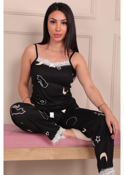 Kadın Kedi Desenli Ip Askılı Altı Uzun Milan Pijama Takımı Siyah modelleri