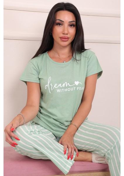 Kadın Dream Sloganlı Kısa Kol Altı Uzun Penye Pijama Takımı Mint