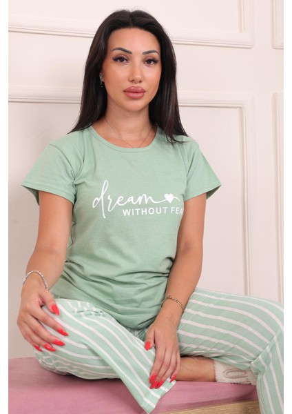Kadın Dream Sloganlı Kısa Kol Altı Uzun Penye Pijama Takımı Mint fiyatları