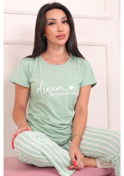 Kadın Dream Sloganlı Kısa Kol Altı Uzun Penye Pijama Takımı Mint modelleri
