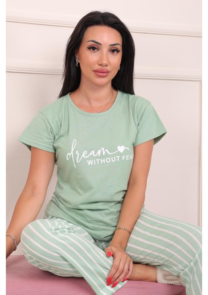 Kadın Dream Sloganlı Kısa Kol Altı Uzun Penye Pijama Takımı Mint fırsatları