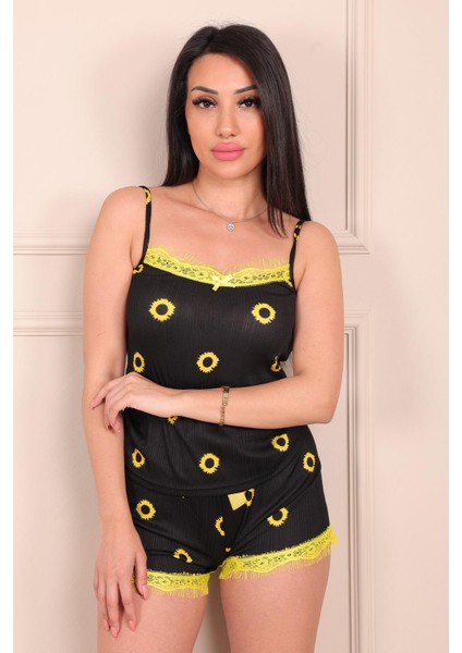 Kadın Ayçiçeği Desenli Şortlu Pegasus Pijama Takım Siyah modelleri