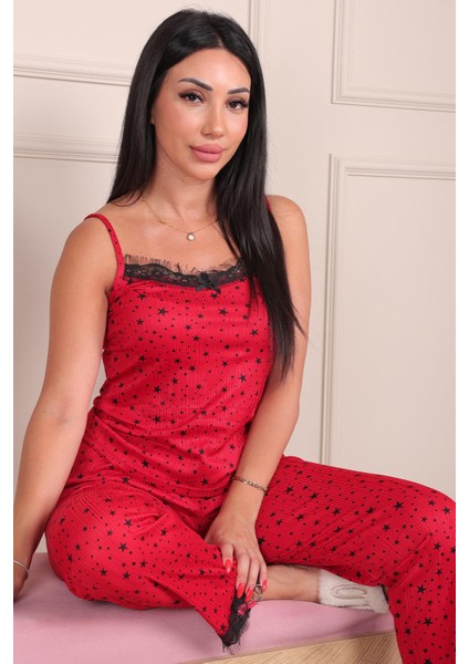 Yıldız Desenli Ip Askılı Alt Uzun Pegasus Pijama Takımı Kırmızı modelleri