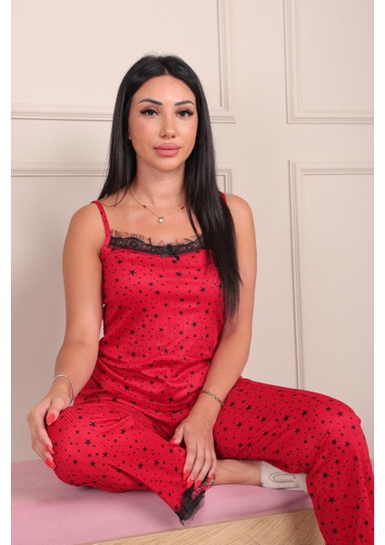Yıldız Desenli Ip Askılı Alt Uzun Pegasus Pijama Takımı Kırmızı fırsatları