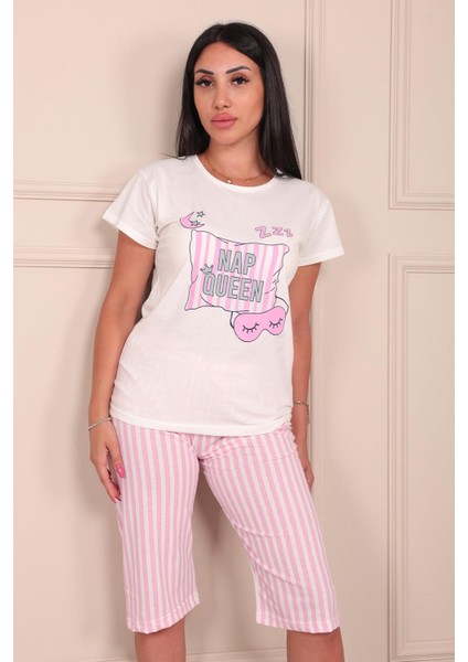 Kadın Nap Queen Sloganlı Bisiklet Yaka Kısa Kollu Altı Kapri Penye Pijama Takımı