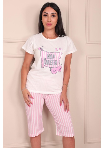 Kadın Nap Queen Sloganlı Bisiklet Yaka Kısa Kollu Altı Kapri Penye Pijama Takımı modelleri