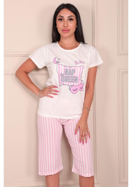Kadın Nap Queen Sloganlı Bisiklet Yaka Kısa Kollu Altı Kapri Penye Pijama Takımı fırsatları
