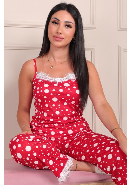 Kadın Puantiye Desenli Ip Askılı Altı Uzun Pegasus Pijama Takımı Kırmızı