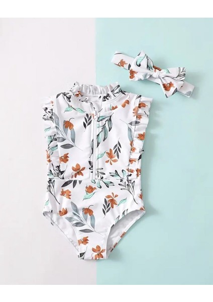 Kız Çocuk Çiçek Desenli Fırfırlı Mayo ve Saç Bandı Seti – Fermuarlı, Yazlık Deniz ve Havuz Giyim fırsatları