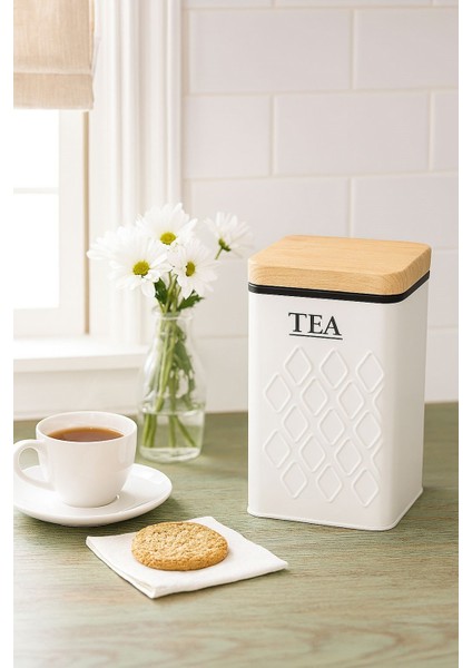 Ahşap Görünümlü Metal Kapaklı 1 Adet Gofreli Beyaz Çay Saklama Kutusu & Kavanoz 17*11*8 cm