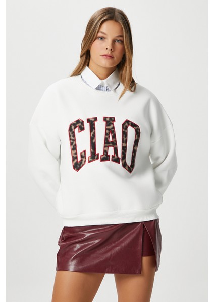 Kadın Ciao Nakışlı Içi Polarlı Leopar Ekru Oversize Seeatshirt fiyatları